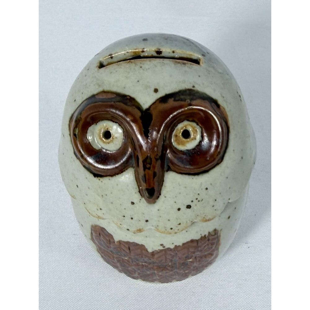 VTG Owl Coin Bank Folk Art Studio Pottery Brown 5" Glazed Kitschy 1970s